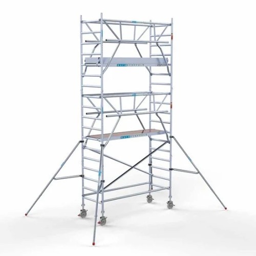 <p>La torre de andamio de aluminio Euroscaffold, con una anchura de 90 cm y barandillas plegables en ambos lados, proporciona una estabilidad superior y una seguridad mejorada. Las barandillas de ambos lados ofrecen protección integral, mientras que
