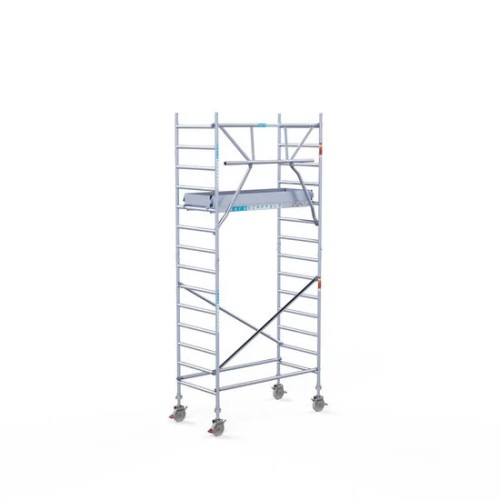 <p>La torre de andamio de aluminio Euroscaffold de 90 cm de ancho con barandillas plegables en un lado garantiza la seguridad y maniobrabilidad en espacios reducidos, manteniendo al mismo tiempo un espacio de trabajo abierto. Su diseño delgado facil