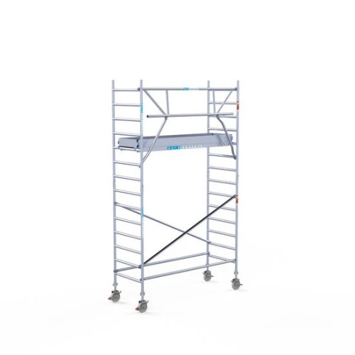 <p>La torre de andamio de aluminio Euroscaffold de 90 cm de ancho con barandillas plegables en un lado garantiza la seguridad y maniobrabilidad en espacios reducidos, manteniendo al mismo tiempo un espacio de trabajo abierto. Su diseño delgado facil