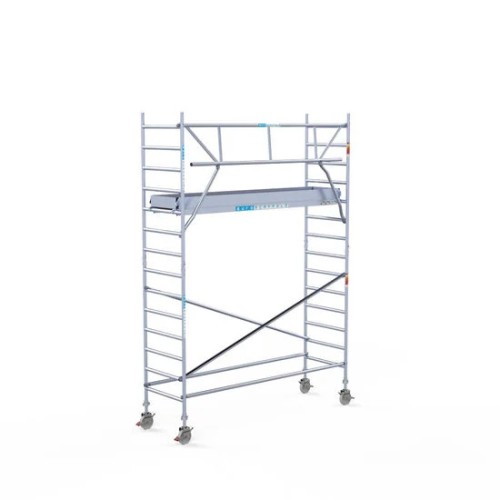 <p>La torre de andamio de aluminio Euroscaffold de 90 cm de ancho con barandillas plegables en un lado garantiza la seguridad y maniobrabilidad en espacios reducidos, manteniendo al mismo tiempo un espacio de trabajo abierto. Su diseño delgado facil