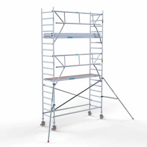 <p>La torre de andamio de aluminio Euroscaffold de 90 cm de ancho con barandillas plegables en un lado garantiza la seguridad y maniobrabilidad en espacios reducidos, manteniendo al mismo tiempo un espacio de trabajo abierto. Su diseño delgado facil