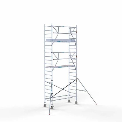 <p>La torre de andamio de aluminio Euroscaffold de 90 cm de ancho con barandillas plegables en un lado garantiza la seguridad y maniobrabilidad en espacios reducidos, manteniendo al mismo tiempo un espacio de trabajo abierto. Su diseño delgado facil