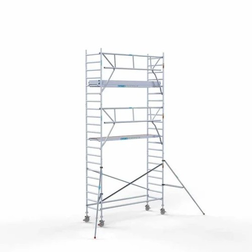 <p>La torre de andamio de aluminio Euroscaffold de 90 cm de ancho con barandillas plegables en un lado garantiza la seguridad y maniobrabilidad en espacios reducidos, manteniendo al mismo tiempo un espacio de trabajo abierto. Su diseño delgado facil