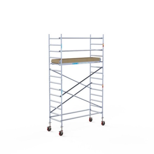 <p>Esta torre de andamio compacta tiene un ancho de 90 cm, un largo de 250 cm y una altura de trabajo de 5,2 m. El andamio fácil de usar, hecho de aluminio de alta calidad, se puede montar o desmontar en cinco minutos. El andamio robusto tiene un gr