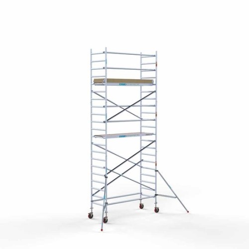 <p>Esta torre de andamio compacta tiene un ancho de 90 cm, un largo de 250 cm y una altura de trabajo de 7,2 m. El andamio fácil de usar, hecho de aluminio de alta calidad, se puede montar o desmontar en cinco minutos. El andamio robusto tiene un gr