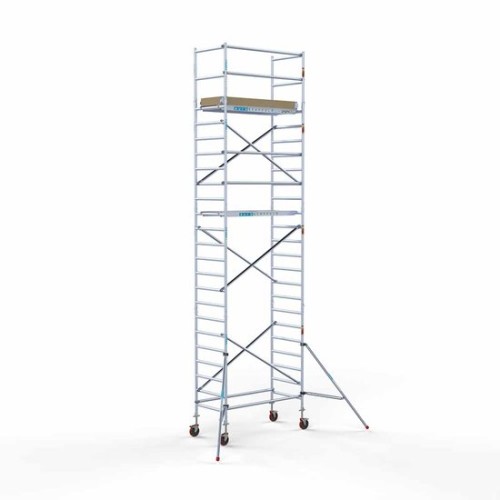 <p>Esta torre de andamio compacta tiene un ancho de 90 cm, un largo de 190 cm y una altura de trabajo de 8,2 m. El andamio fácil de usar, hecho de aluminio de alta calidad, se puede montar o desmontar en cinco minutos. El andamio robusto tiene un gr