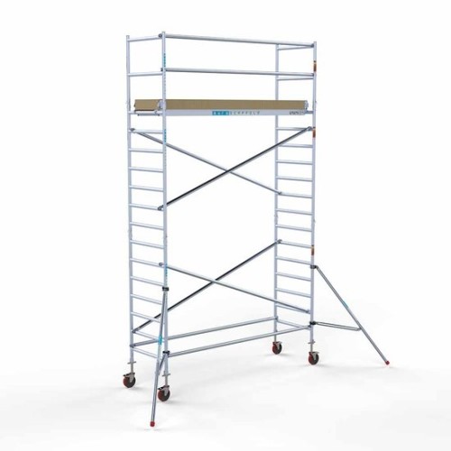 <p>Esta torre de andamio compacta tiene un ancho de 90 cm, un largo de 305 cm y una altura de trabajo de 6,2 m. El andamio fácil de usar, hecho de aluminio de alta calidad, se puede montar o desmontar en cinco minutos. El andamio robusto tiene un gr