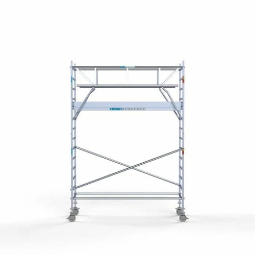 <p>La torre de andamio de aluminio Euroscaffold, con una anchura de 90 cm y barandillas plegables a ambos lados, ofrece una estabilidad sin igual y una seguridad mejorada. Las barandillas proporcionan protección en todo el perímetro, y el marco anch