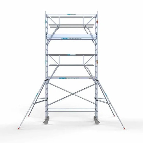 <p>La torre de andamio de aluminio Euroscaffold, con una anchura de 90 cm y barandillas plegables en ambos lados, proporciona una estabilidad superior y una seguridad mejorada. Las barandillas de ambos lados ofrecen protección integral, mientras que