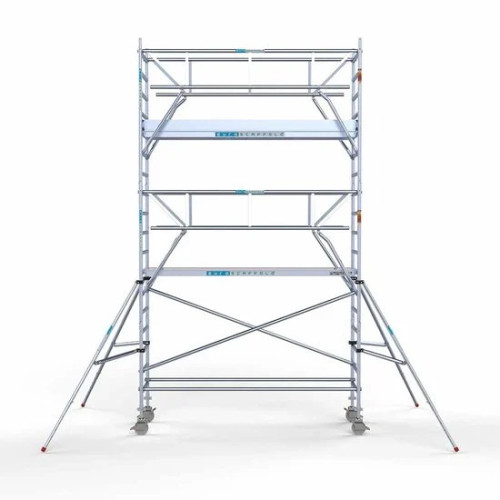 <p>La torre de andamio de aluminio Euroscaffold, con una anchura de 90 cm y barandillas plegables en ambos lados, proporciona una estabilidad superior y una seguridad mejorada. Las barandillas de ambos lados ofrecen protección integral, mientras que