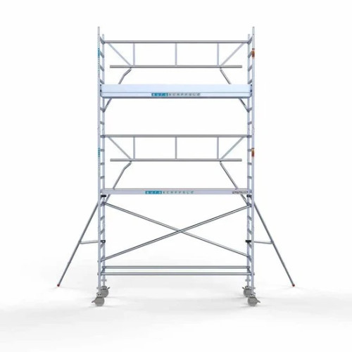 <p>La torre de andamio de aluminio Euroscaffold de 90 cm de ancho con barandillas plegables en un lado garantiza la seguridad y maniobrabilidad en espacios reducidos, manteniendo al mismo tiempo un espacio de trabajo abierto. Su diseño delgado facil