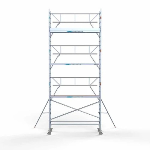 <p>La torre de andamio de aluminio Euroscaffold de 90 cm de ancho con barandillas plegables en un lado garantiza la seguridad y maniobrabilidad en espacios reducidos, manteniendo al mismo tiempo un espacio de trabajo abierto. Su diseño delgado facil