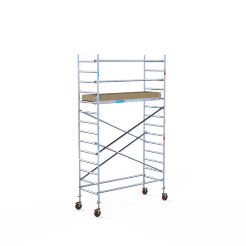 <p>Esta torre de andamio compacta tiene un ancho de 90 cm, un largo de 305 cm y una altura de trabajo de 5,2 m. El andamio fácil de usar, hecho de aluminio de alta calidad, se puede montar o desmontar en cinco minutos. El andamio robusto tiene un gr