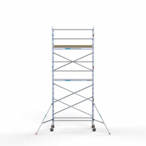 <p>Esta torre de andamio compacta tiene un ancho de 90 cm, un largo de 250 cm y una altura de trabajo de 7,2 m. El andamio fácil de usar, hecho de aluminio de alta calidad, se puede montar o desmontar en cinco minutos. El andamio robusto tiene un gr